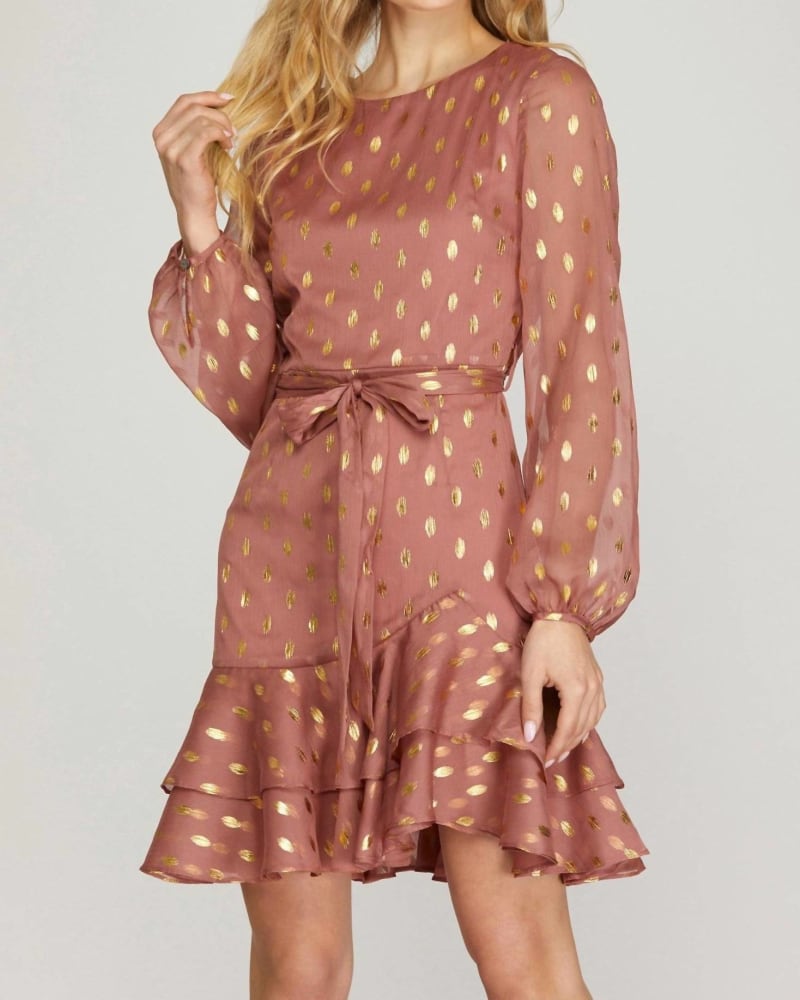 Front of a model wearing a size Lg Long Sleeve Gold-Dot Chiffon Dress In Dusty Rose in Dusty Rose by SHE + SKY. | dia_product_style_image_id:359589
